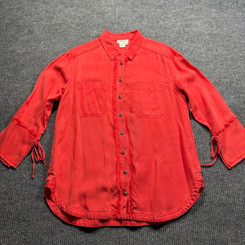 Tru Luxe Jeans Button Down Shirt Women M Red Frayed Tie Sleeve Top Boho Casual